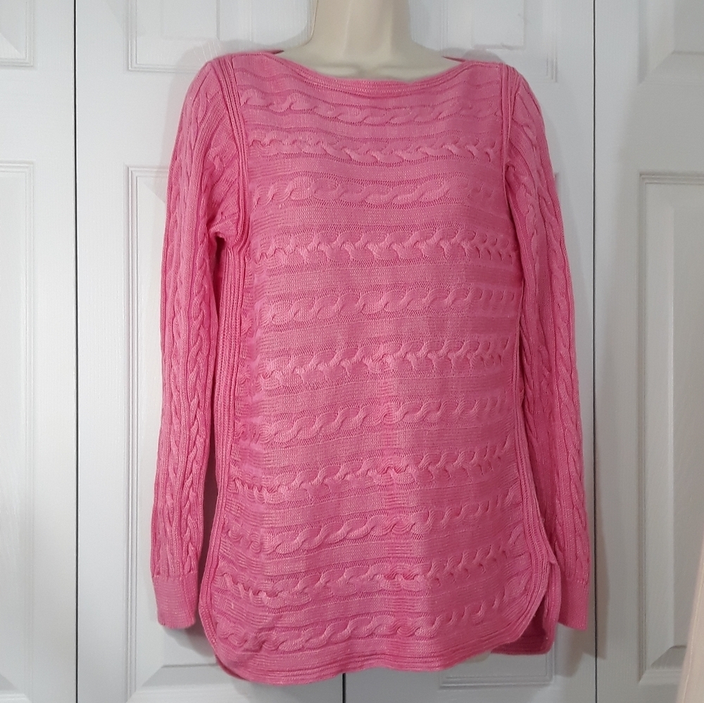Lauren Ralph Lauren Pink Cable Knit Sweater Cotton Blend Size Large